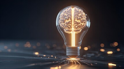 A luminous light bulb with a brain design inside, symbolizing creativity and intelligence, against a dark backdrop with subtle glowing elements.