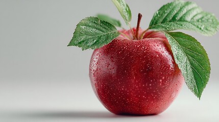 Fresh Red with Water Droplets and Green Leaves on a Light Neutral Background Perfect for Healthy Eating and Fruit Market Concepts