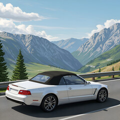 Fototapeta premium A white convertible sports car with a black top, traveling along a scenic mountain road. A picturesque view of the Alps with rolling hills and peaks in the background.