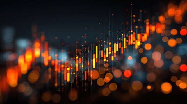 Abstract financial chart with candlestick pattern over blurred city lights at night