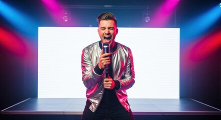 Energetic male singer performing live on stage with microphone in hand