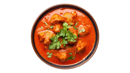 indian butter chicken curry in a balti dish, top-down view isolated on a white background