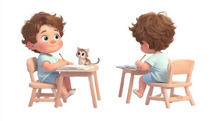 Child drawing at a table with a kitten nearby, viewed from two angles