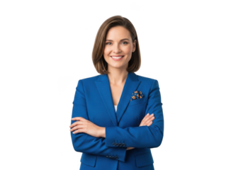 Professional businesswoman smiling portrait in blue suit with arms crossed png image for presentations and designs, isolated on transparent background