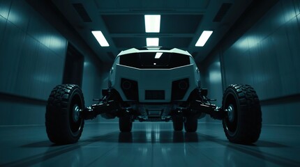 Futuristic vehicle with hangar interior.