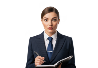 Surprised businesswoman taking notes in a notebook with pen, shocked expression, wearing suit and tie, png image isolated on transparent background