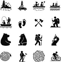 A collection of black and white icons depicting outdoor activities and wildlife in a grid layout silhouette