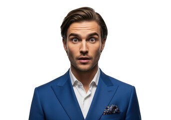 Surprised man in blue suit portrait with wide eyes, shocked expression, handsome model, business professional, isolated on transparent background