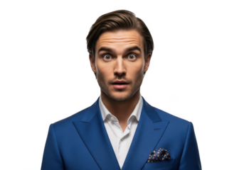Surprised man in blue suit portrait with wide eyes, shocked expression, handsome model, business professional, isolated on transparent background