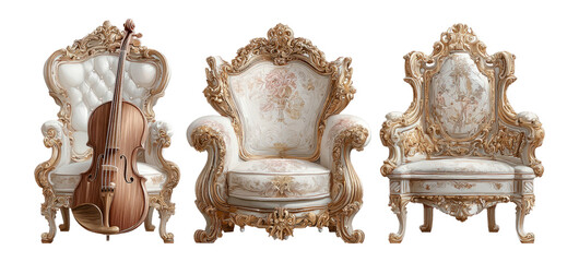 Elegant Ornate Chairs with Violin in Luxurious Style, Isolated on Transparent Background
