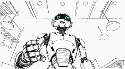 Robot reaching hand with indoor view.