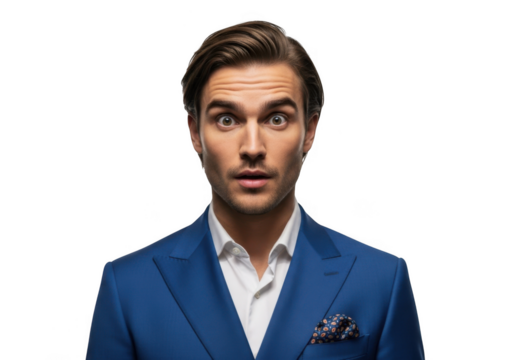 Surprised man in blue suit portrait with wide eyes, shocked expression, handsome model, business professional, isolated on transparent background