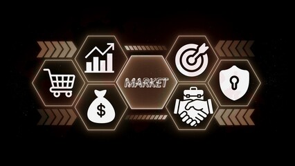 Business market icons with shopping cart money graph target handshake security