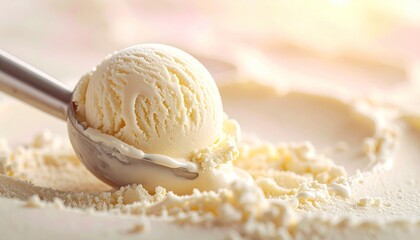 Creamy Vanilla Ice Cream Scoop on White Surface with Melting Texture Sweet Dessert in Warm Light Macro Photography Close Up View