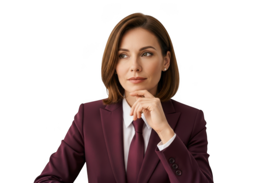 Professional businesswoman portrait in burgundy suit thinking deeply looking away stock photo isolated on transparent background