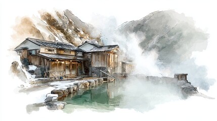Fototapeta premium A serene watercolor depiction of traditional wooden buildings by a steam-filled body of water, surrounded by rocky mountains.