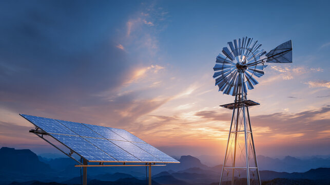 A solar panel array and a classic windmill stand side-by-side against a beautiful sunset over a mountain range symbolizing the evolution of renewable energy
