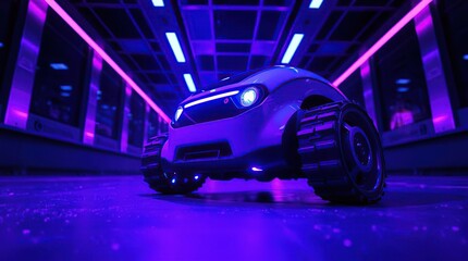 Futuristic vehicle with neon tunnel.