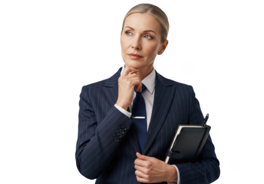 Thoughtful businesswoman in pinstripe suit holding notebook - stock photo, professional female executive portrait, isolated on transparent background