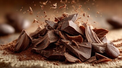 Close-up of shattered dark chocolate pieces with cocoa powder dust and crumbs falling, high detail macro shot of chocolate fragments for dessert or confectionery