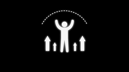 White stick figure with arms raised and upward arrows