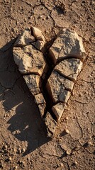 Fototapeta premium A cracked rock shaped like a heart, resting on dry, cracked earth, symbolizing heartbreak or environmental distress.