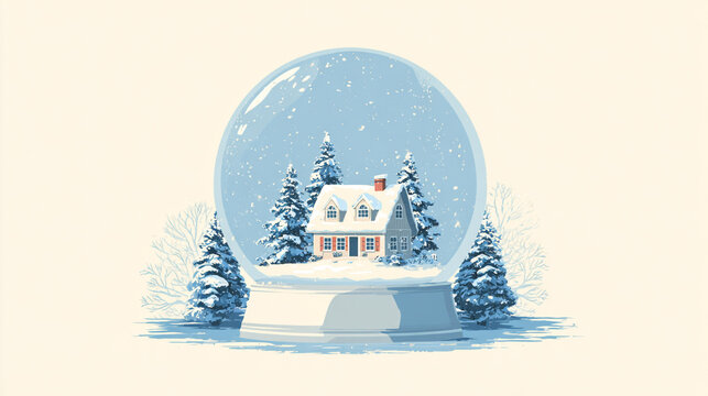 A winter snow globe holds a charming house and snowy pine trees inside its glass sphere with snow falling