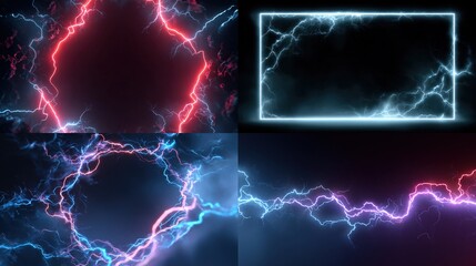 Energetic electric light effects, lightning strikes, electrical arcs and shapes designs.
