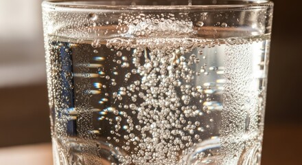 Refreshing glass of sparkling water with many tiny air bubbles