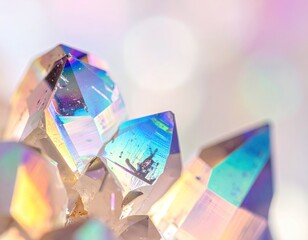 Shimmering crystal cluster catches light, bokeh background