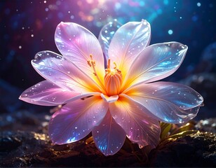 Luminescent flower with iridescent petals, dew drops, and dark background