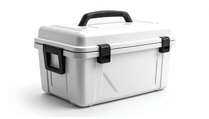 White storage box with black handle, lid, latch, on white