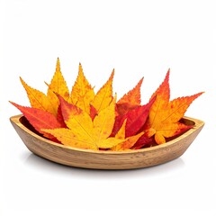 Autumn leaves in wood bowl, shades of red, orange, yellow
