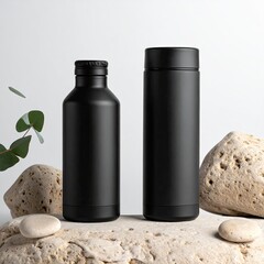 Matte black bottles sit on porous rocks. Simple, minimal