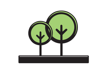 Two stylized green trees with black outlines and branches on a black rectangular base against a white background