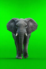Obraz premium Majestic elephant walking towards the viewer against a vibrant green background, symbolizing nature