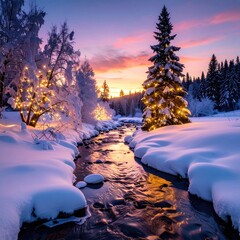 Winter stream reflects twilight sky. Decorated trees glow