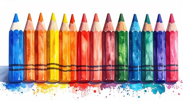 Row of watercolor pencils in rainbow colors, splatter effect
