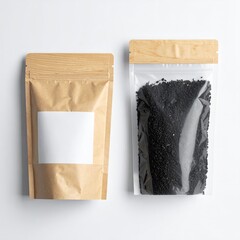 Two pouches, one filled with seeds, on a white background