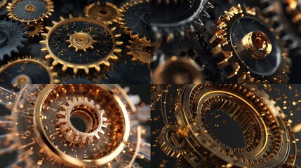 Metallic cogwheels in four square grid with golden details and dark background