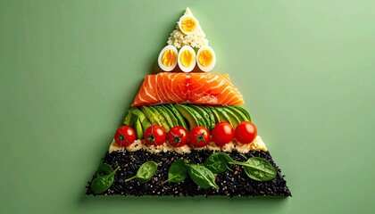 Food pyramid with black rice, spinach, tomatoes, and salmon