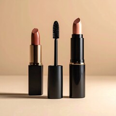 Lipsticks & mascara; elegant makeup arranged on warm surface