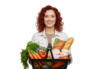 Smiling redhead woman holding grocery basket filled with fresh vegetables, bread, and chicken for healthy eating and lifestyle isolated on transparent background