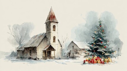 A serene winter scene featuring a quaint church and a decorated Christmas tree surrounded by snow and presents, evoking a festive holiday atmosphere.
