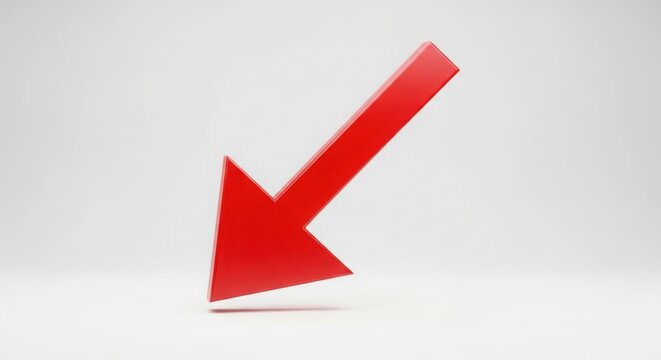 Red arrow pointing down on white background indicating negative trend isolated on white background
