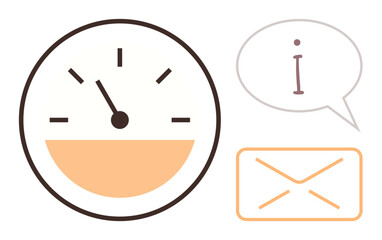 Speedometer gauge measuring performance, speech bubble with information sign, and envelope for messaging. Ideal for business, communication, progress, efficiency, feedback, information sharing