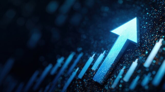 Digital upward arrow on a glowing bar graph background, symbolizing growth and progress in data analytics.