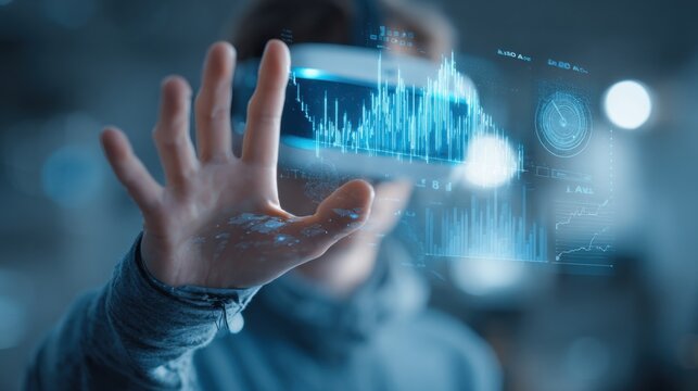 Person interacting with a futuristic holographic display showing data graphs and digital interface elements. - Powered by Adobe