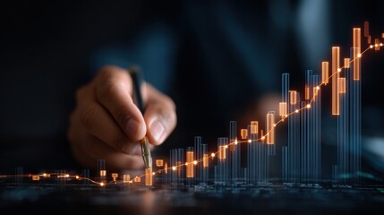 Hand drawing a rising financial chart with glowing data points and bars on a digital interface