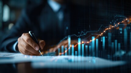 Business professional analyzing financial data with digital graph overlay